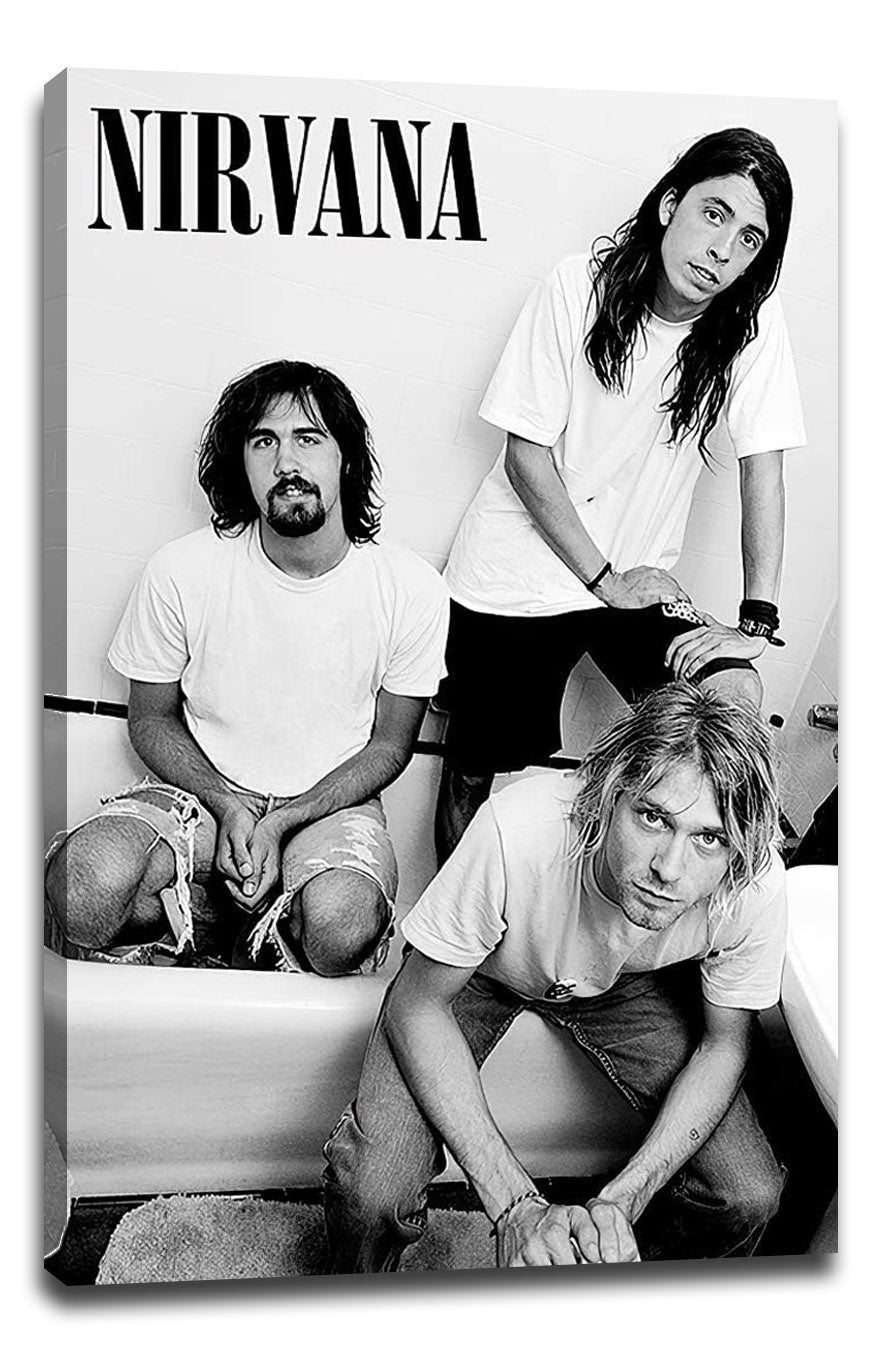 Nirvana canvas wall art presents a black-and-white portrait of three band members in a bathroom, with bold NIRVANA text at the top.