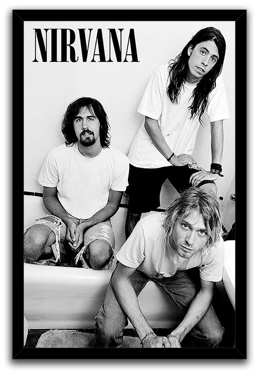 Nirvana framed wall art print displays a monochrome bathroom portrait of Kurt Cobain, Krist Novoselic, and Dave Grohl with bold title text.