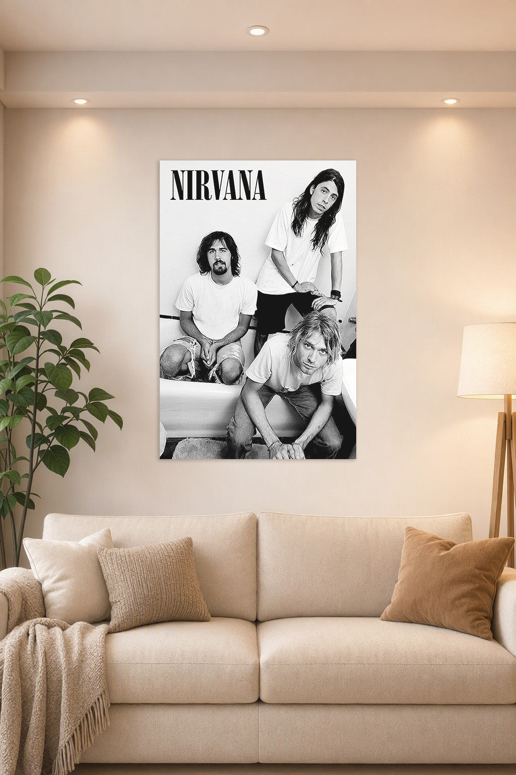 Nirvana (B&W - Kurt, Krist & Dave) Music in a bright living room above a beige sofa.