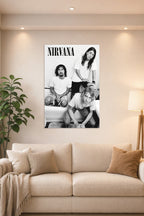 Nirvana (B&W - Kurt, Krist & Dave) Music in a bright living room above a beige sofa.