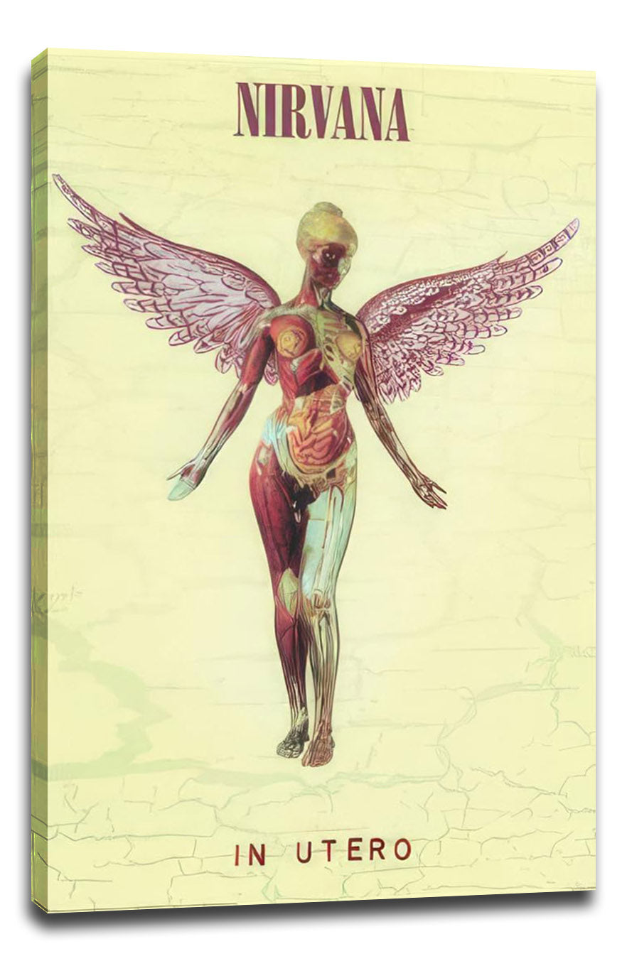 Nirvana In Utero canvas wall art with wrapped edges, depicting a winged anatomical figure beneath burgundy text.