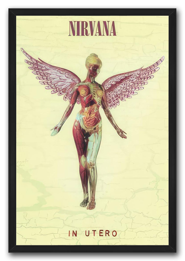 Nirvana In Utero framed wall art print featuring a winged anatomical figure on a pale yellow background.