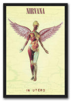 Nirvana In Utero framed wall art print featuring a winged anatomical figure on a pale yellow background.