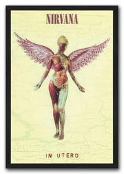 Nirvana In Utero framed wall art print featuring a winged anatomical figure on a pale yellow background.
