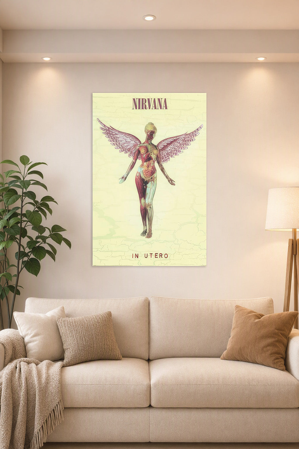 Nirvana In Utero - Album Cover Music in a bright living room above a beige sofa.