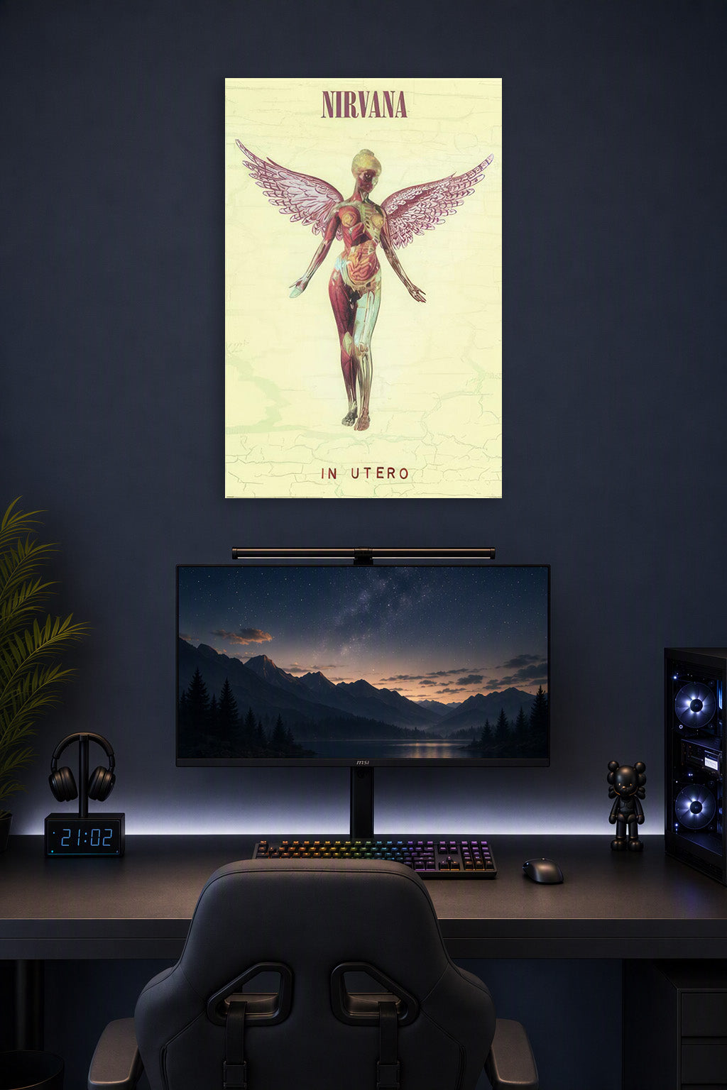 Nirvana In Utero - Album Cover Music in a gaming desk setup above a monitor.
