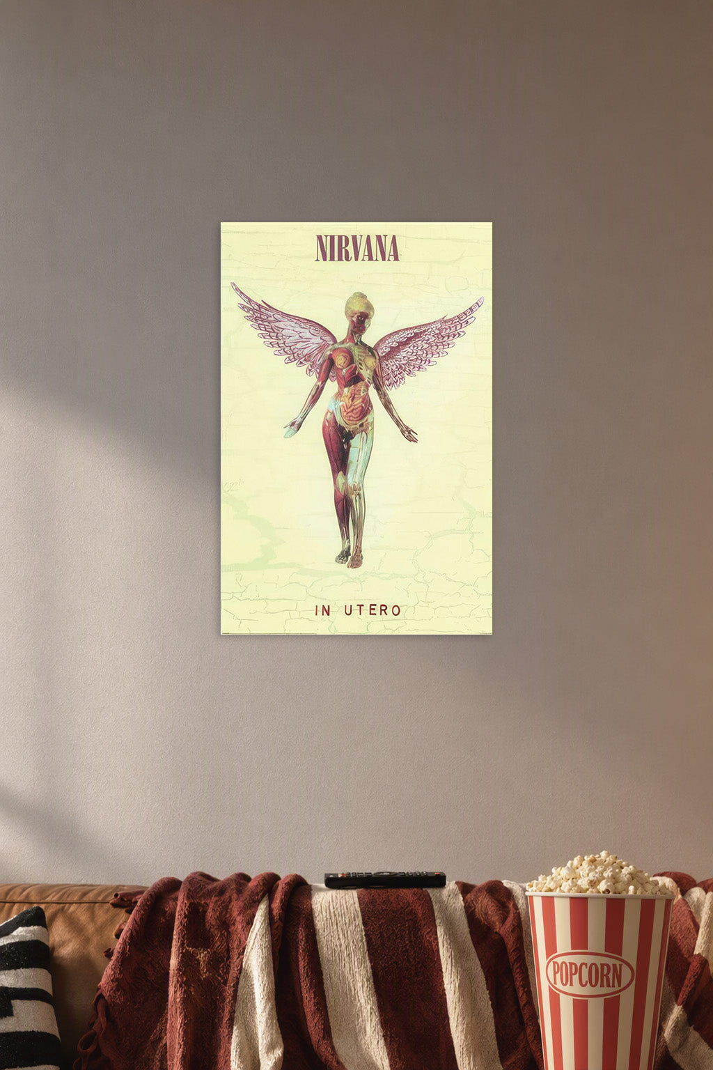 Nirvana In Utero - Album Cover Music in a cozy movie room above a brown sofa with popcorn.