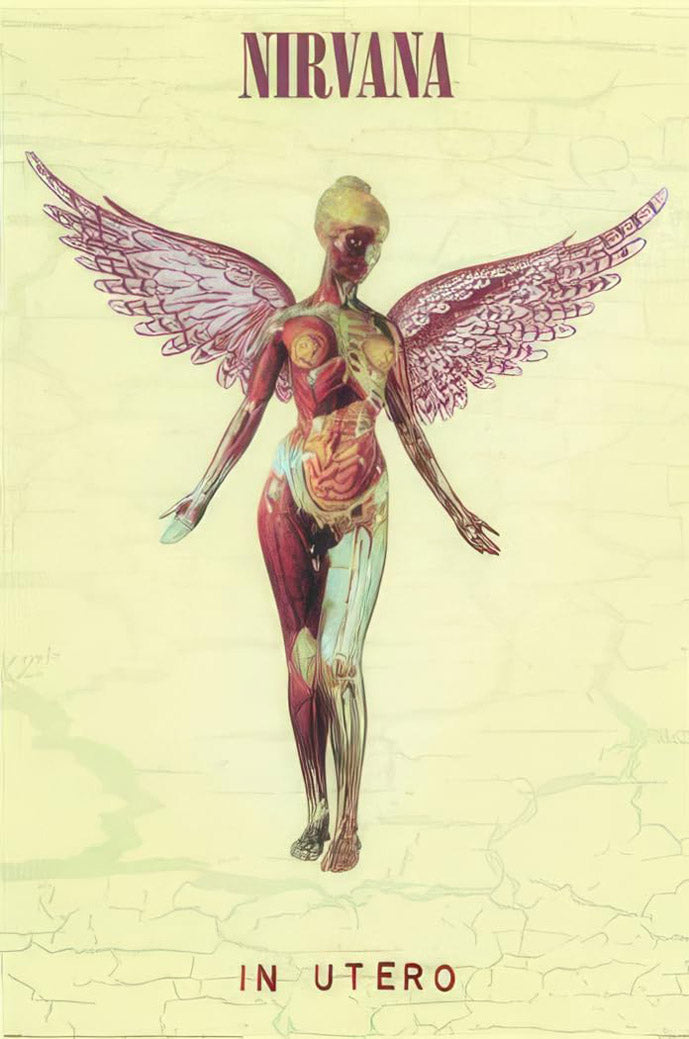 Nirvana In Utero wall art print featuring an anatomical winged figure on pale yellow with burgundy album lettering.