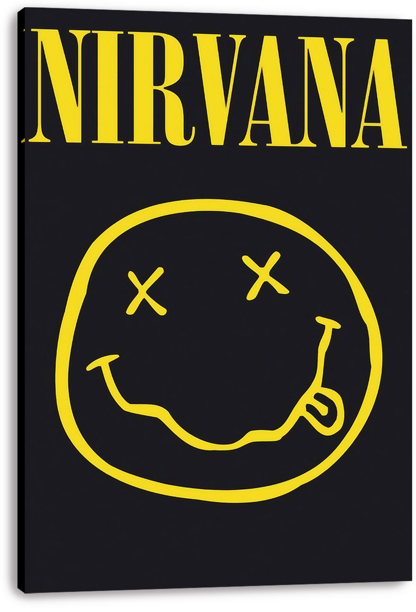 Nirvana canvas wall art print displays yellow logo text and the iconic X-eyed smiley with tongue against a black background.