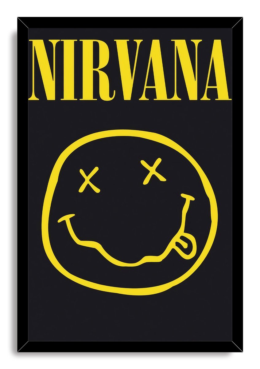 Nirvana framed wall art print presents bold yellow lettering and a tongue-out X-eyed smiley on a deep black field.