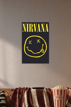 Nirvana Smiley Logo in a cozy movie room above a brown sofa with popcorn.
