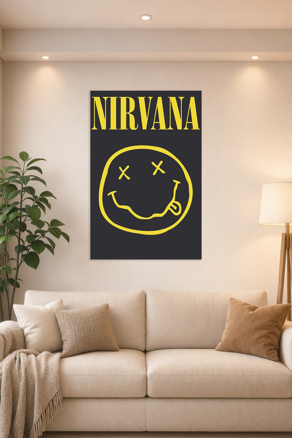 Nirvana Smiley Logo in a bright living room above a beige sofa.