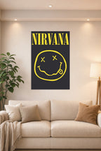 Nirvana Smiley Logo in a bright living room above a beige sofa.