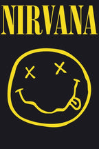 Nirvana poster features large yellow band lettering above a yellow smiley face with X eyes and a tongue on black.