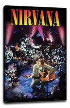 Nirvana wall art print on canvas depicts three musicians playing acoustic guitar, bass, and drums among flowers under pink lights.