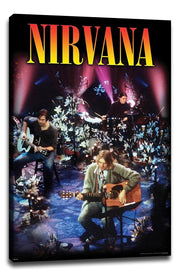 Nirvana wall art print on canvas depicts three musicians playing acoustic guitar, bass, and drums among flowers under pink lights.