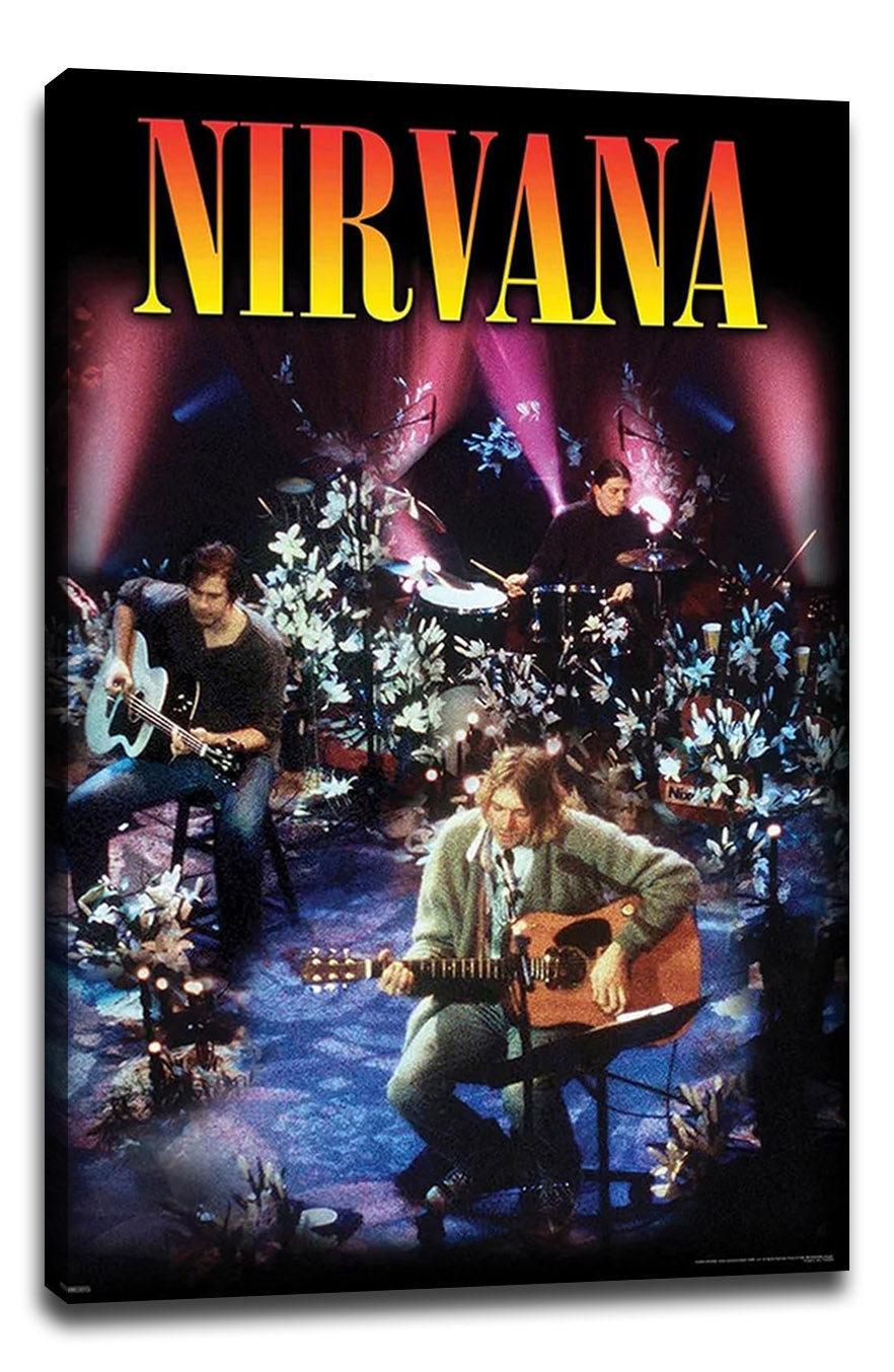 Nirvana wall art print on canvas depicts three musicians playing acoustic guitar, bass, and drums among flowers under pink lights.