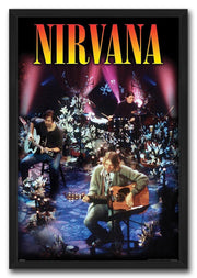 Nirvana framed wall art print portrays a flower-filled stage performance with acoustic guitar, bass, drums, and pink spotlights.