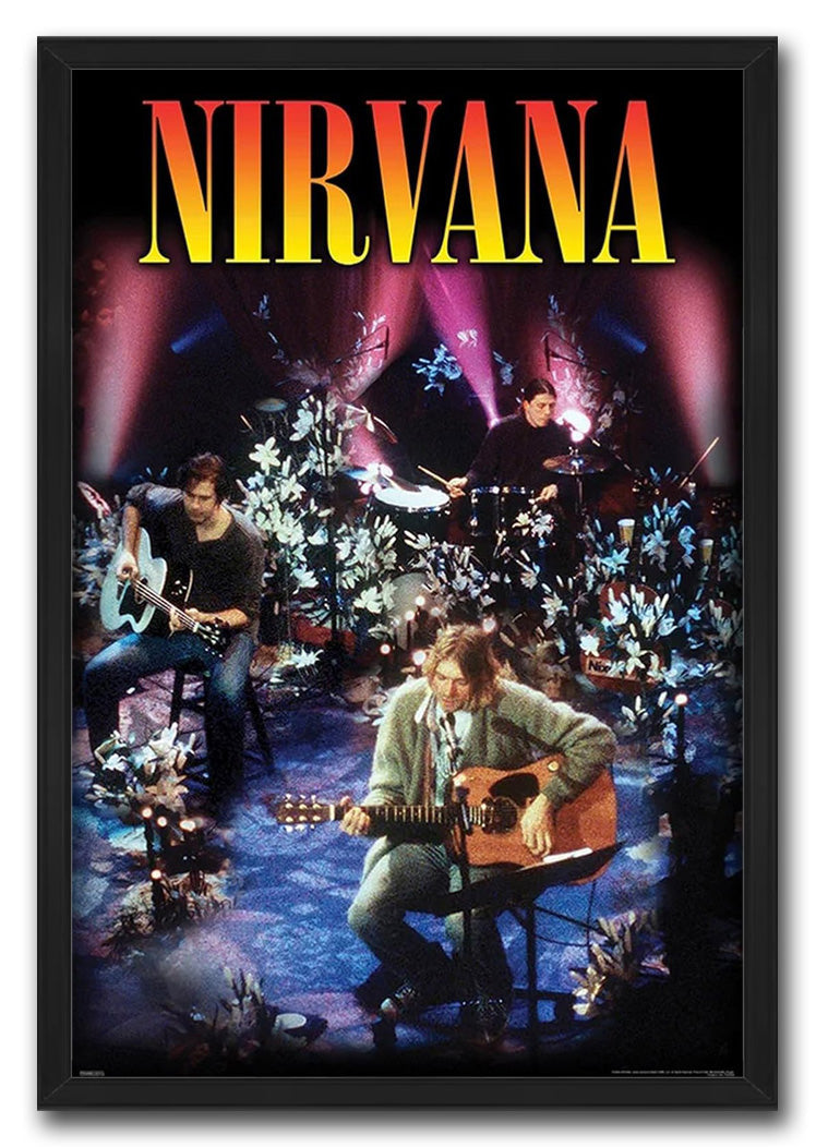 Nirvana framed wall art print portrays a flower-filled stage performance with acoustic guitar, bass, drums, and pink spotlights.