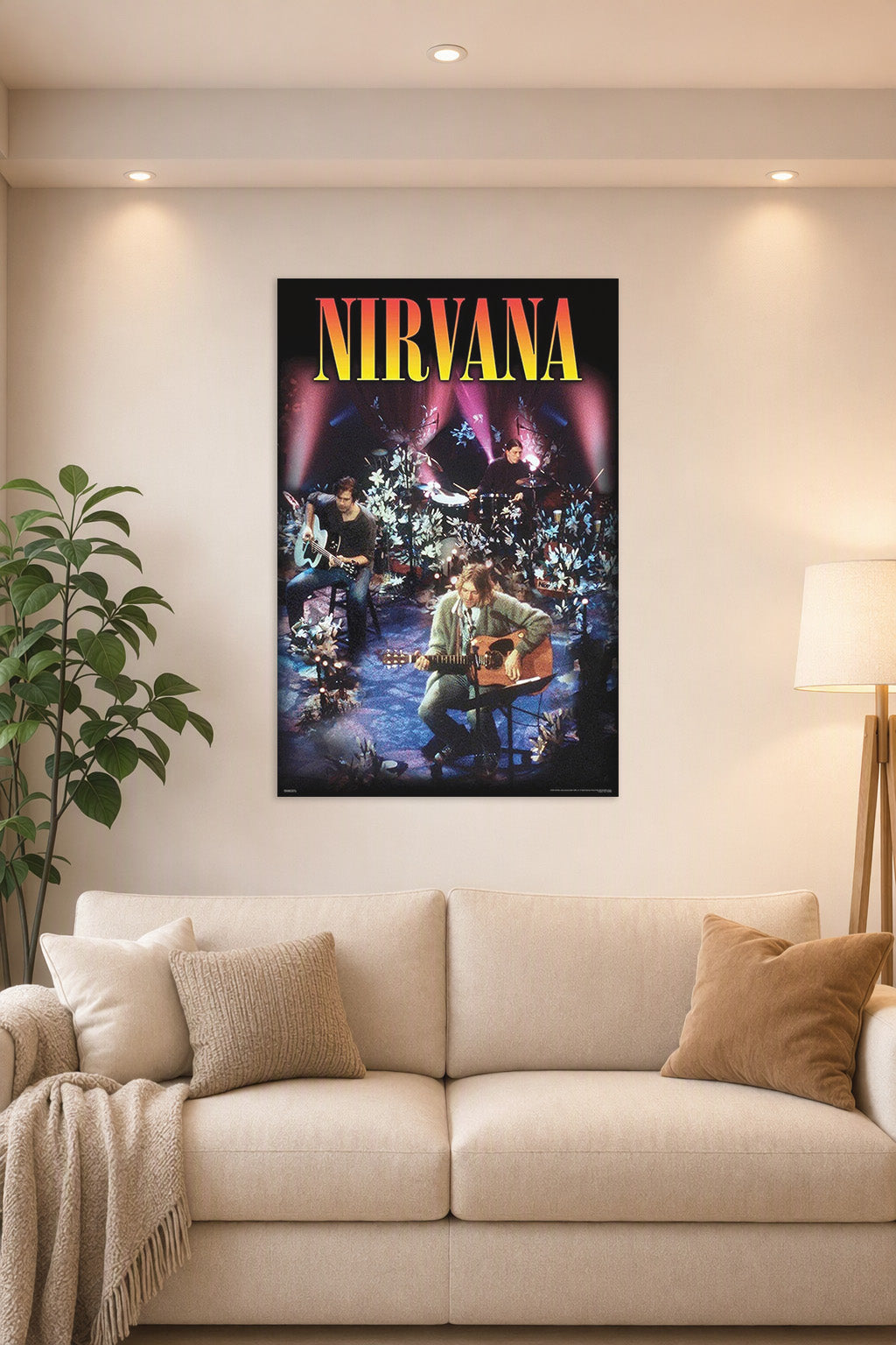 Nirvana - Unplugged Art Music in a bright living room above a beige sofa.