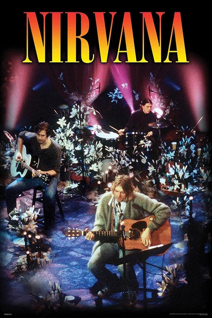 Nirvana poster features three musicians performing with acoustic guitar, bass, and drums amid white flowers and pink stage lights.