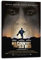 No Country for Old Men canvas wall art print displays watchful eyes, a running armed man, and a black-and-gold film poster design.
