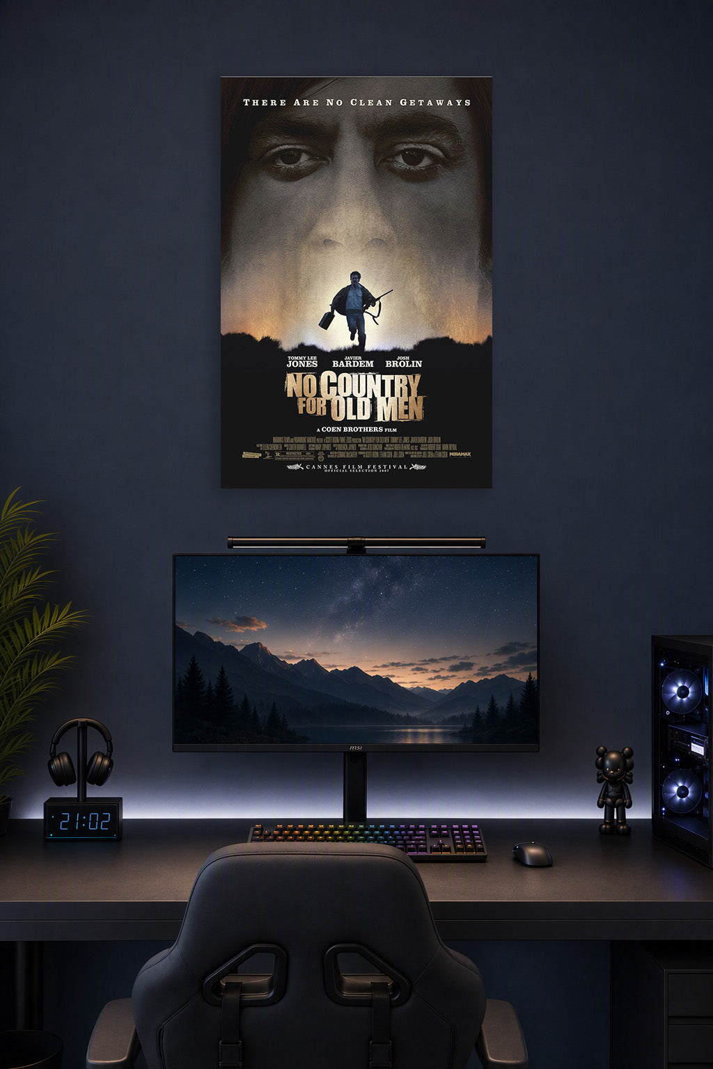No Country For Old Men Movie in a gaming desk setup above a monitor.