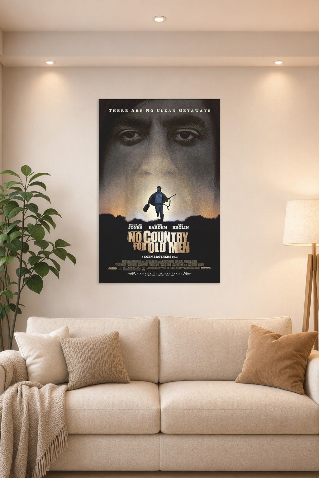 No Country For Old Men Movie in a bright living room above a beige sofa.