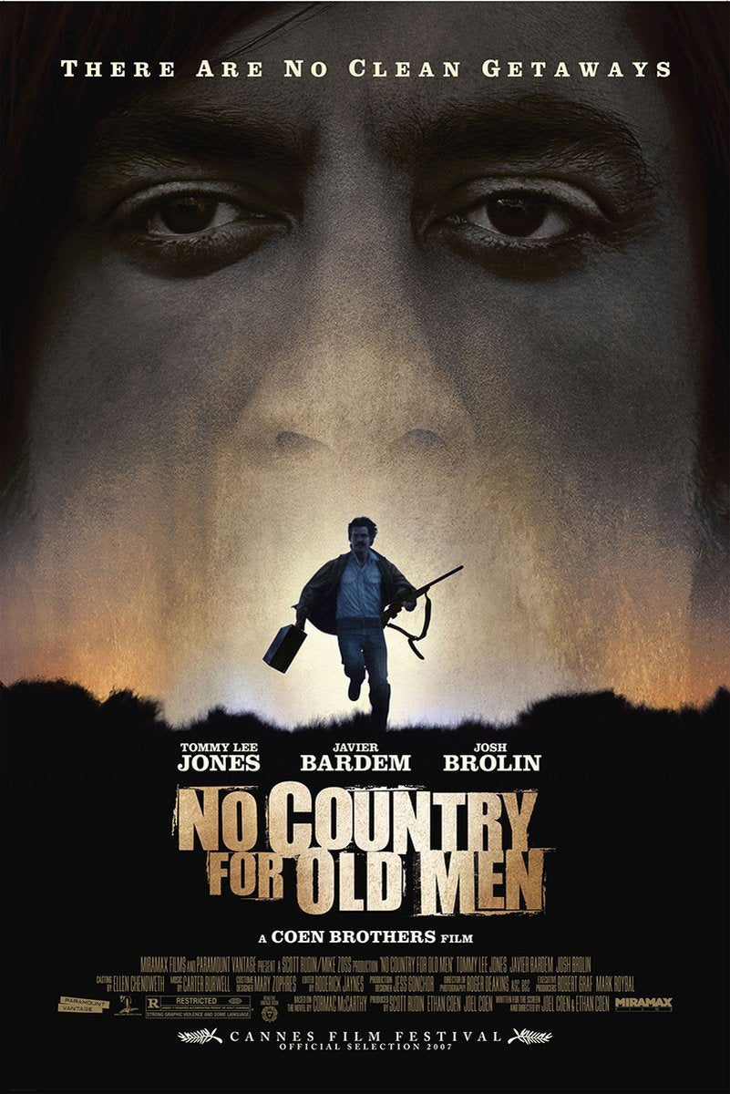 No Country for Old Men poster features looming eyes above a man running with a rifle and case across a dark horizon.