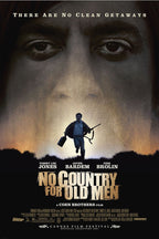No Country for Old Men poster features looming eyes above a man running with a rifle and case across a dark horizon.