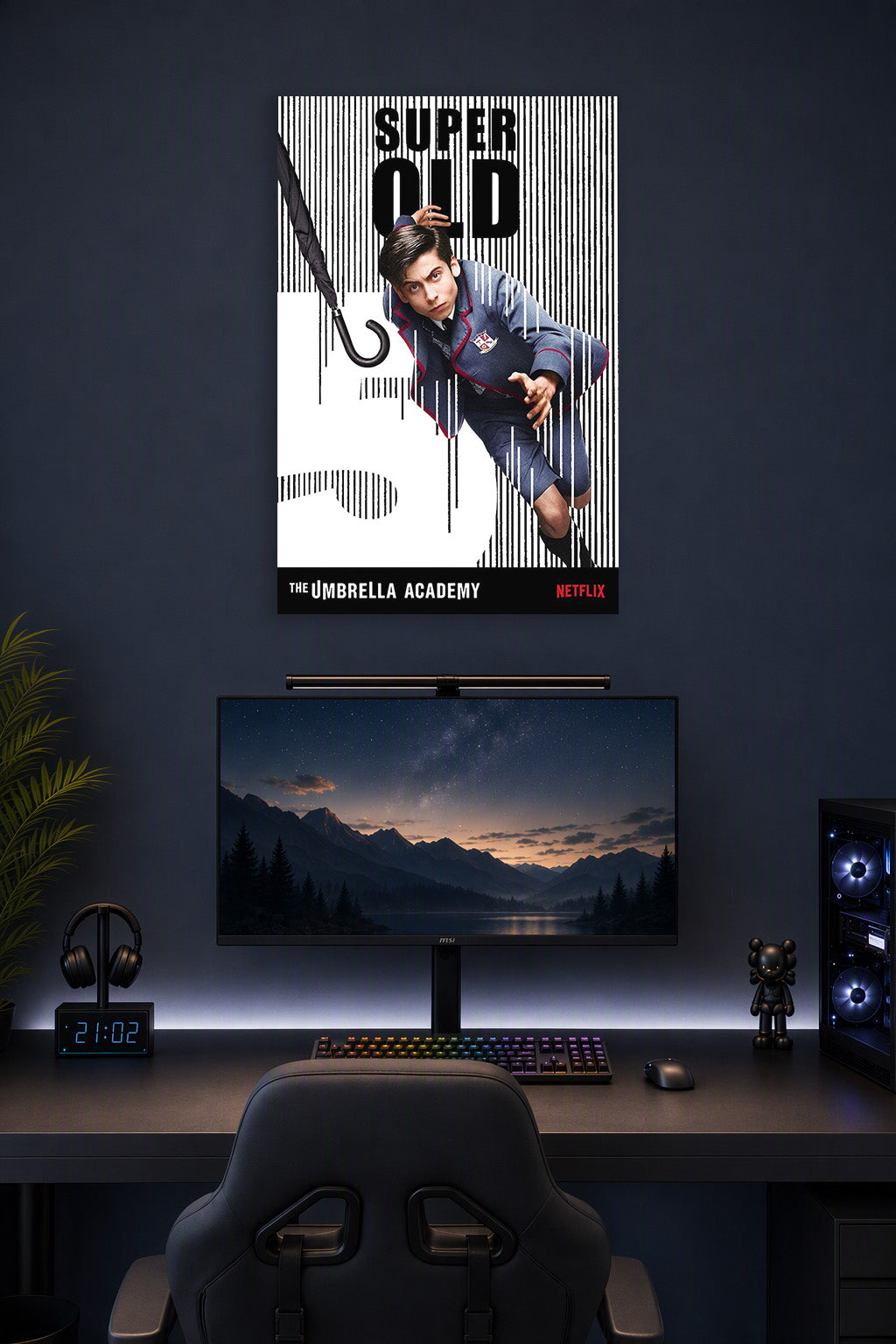 Number Five The Umbrella Academy in a gaming desk setup above a monitor.