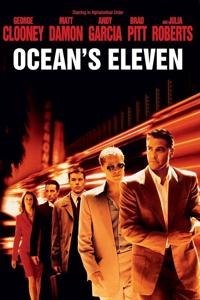 Ocean's Eleven poster features five sharply dressed cast members beneath bold white title text and glowing orange city lights.