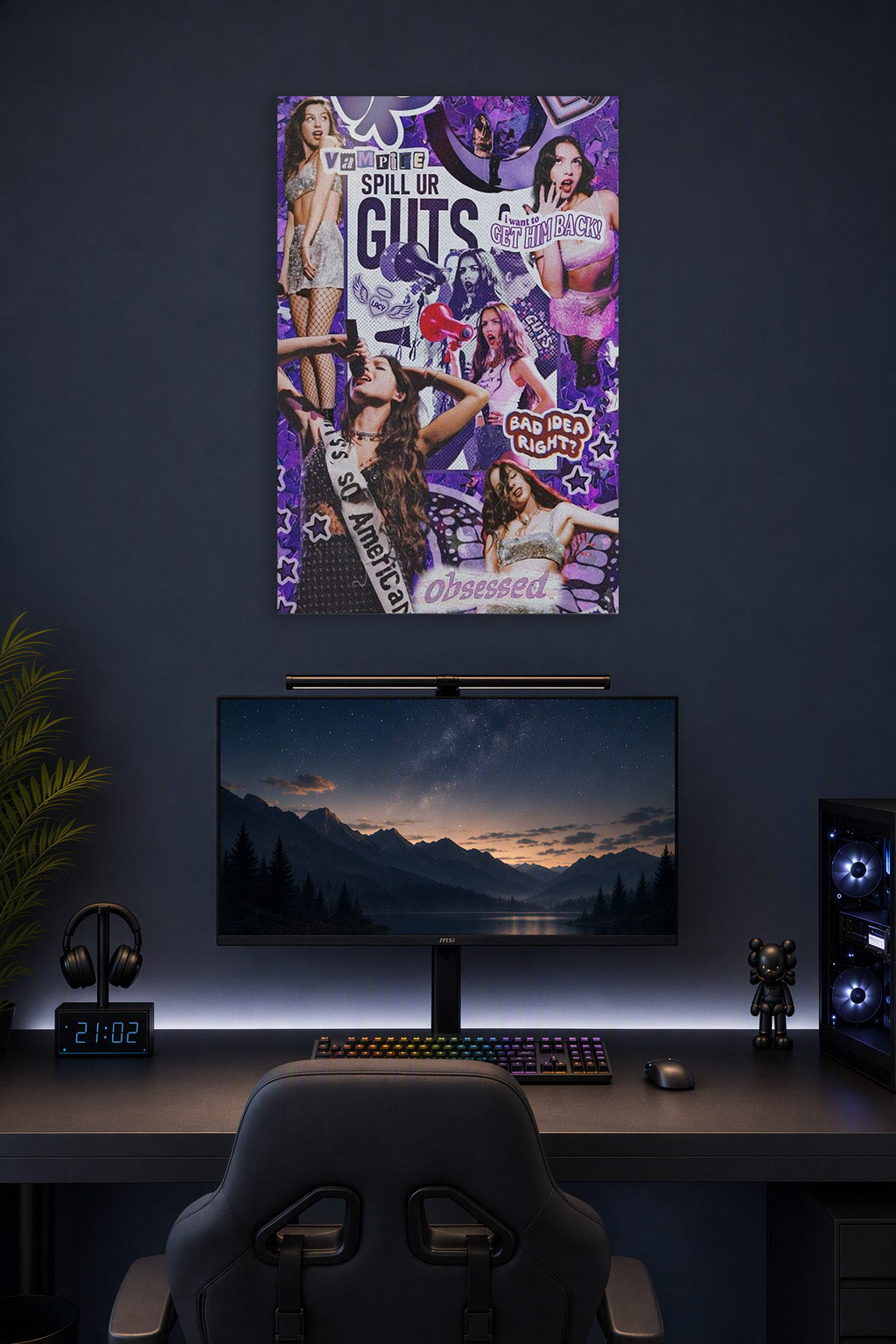 Olivia Poster Rodrigo Singer Guts Music Collage for in a gaming desk setup above a monitor.