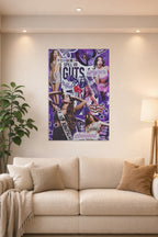 Olivia Poster Rodrigo Singer Guts Music Collage for in a bright living room above a beige sofa.