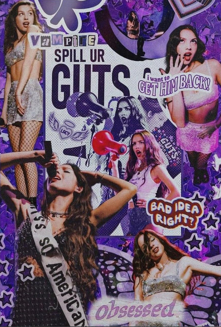 Olivia Rodrigo poster collage in purple and pink with performance portraits, butterflies, stars, a megaphone, and bold GUTS text.