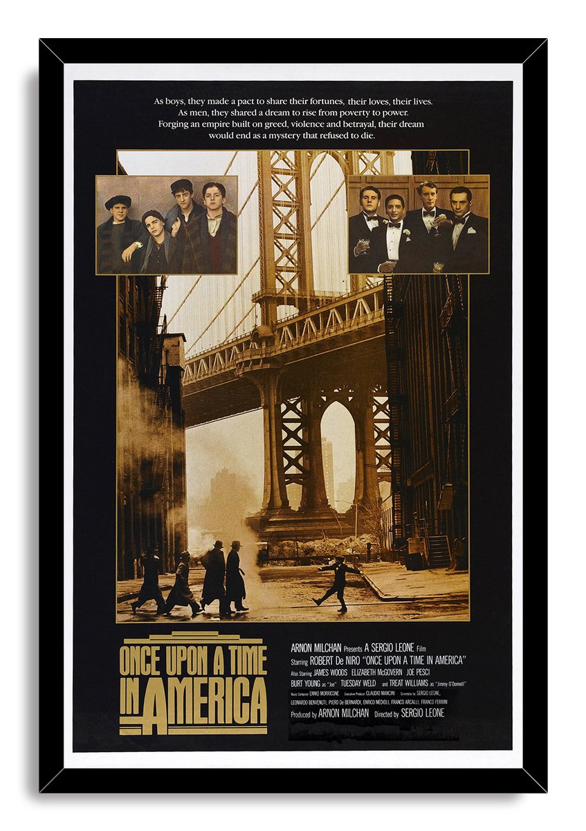 Once Upon a Time in America framed wall art print with sepia bridge scene, pedestrians, cast portraits, and black border.