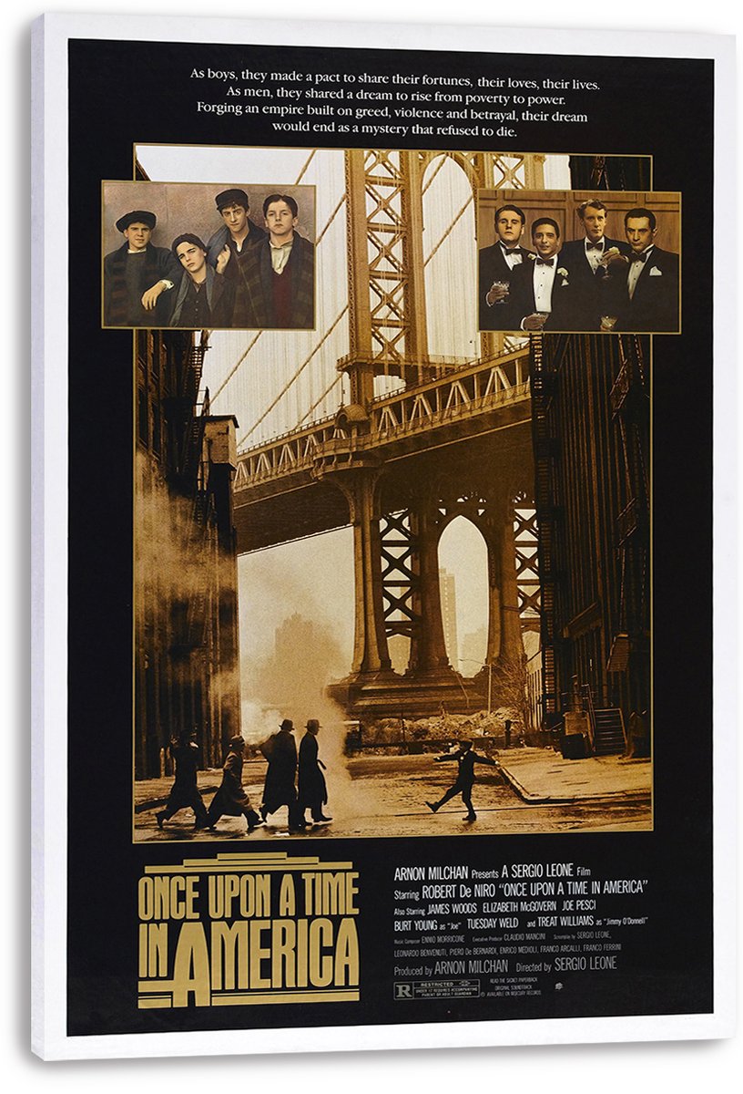 Once Upon a Time in America movie poster canvas print featuring a sepia bridge, street walkers, and groups of young and suited men.