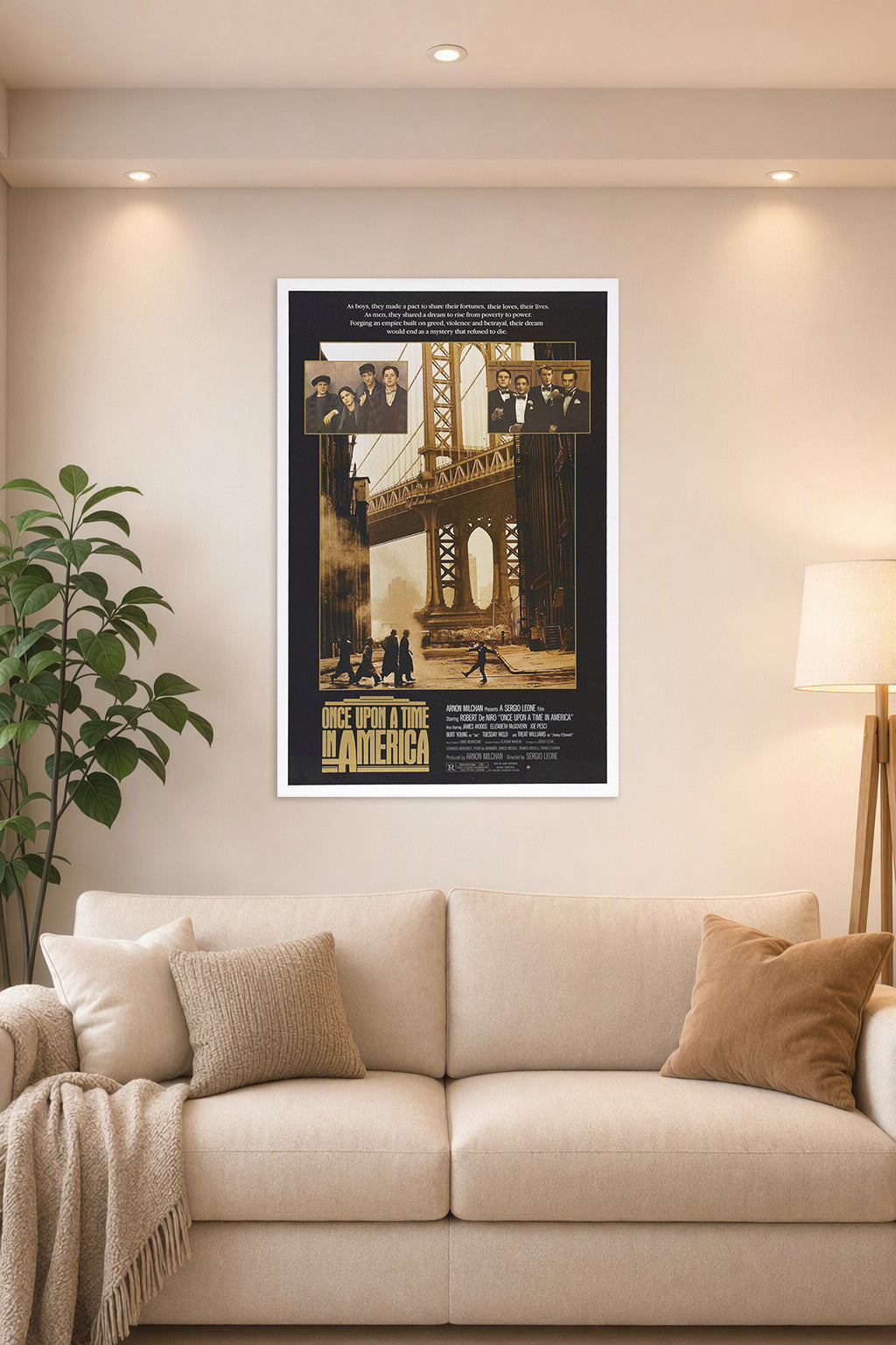 Once Upon a Time in America Movie Poster in a bright living room above a beige sofa.