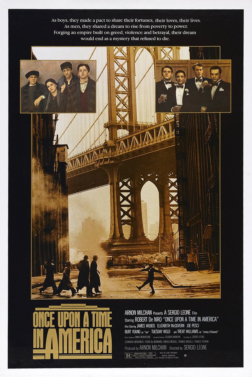 Once Upon a Time in America movie poster wall art print with a sepia bridge street scene, four men, and portrait panels.