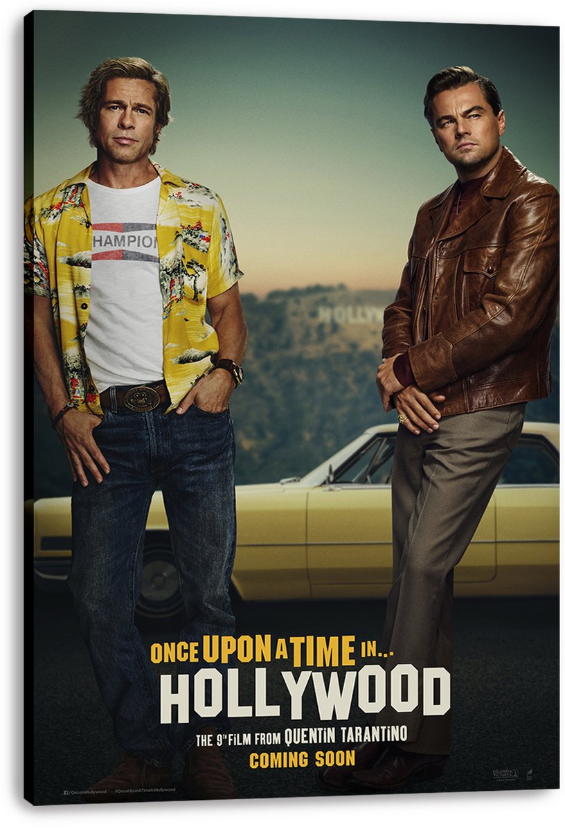 Once Upon a Time in Hollywood wall art print on stretched canvas, featuring Brad Pitt and Leonardo DiCaprio beside a yellow car.