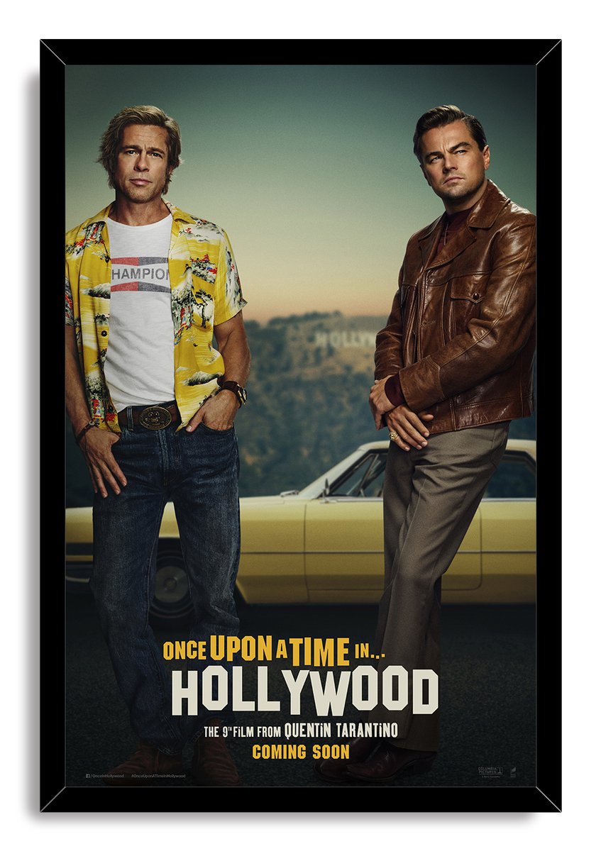 Once Upon a Time in Hollywood framed wall art print featuring Brad Pitt in a yellow shirt and Leonardo DiCaprio in a brown jacket.