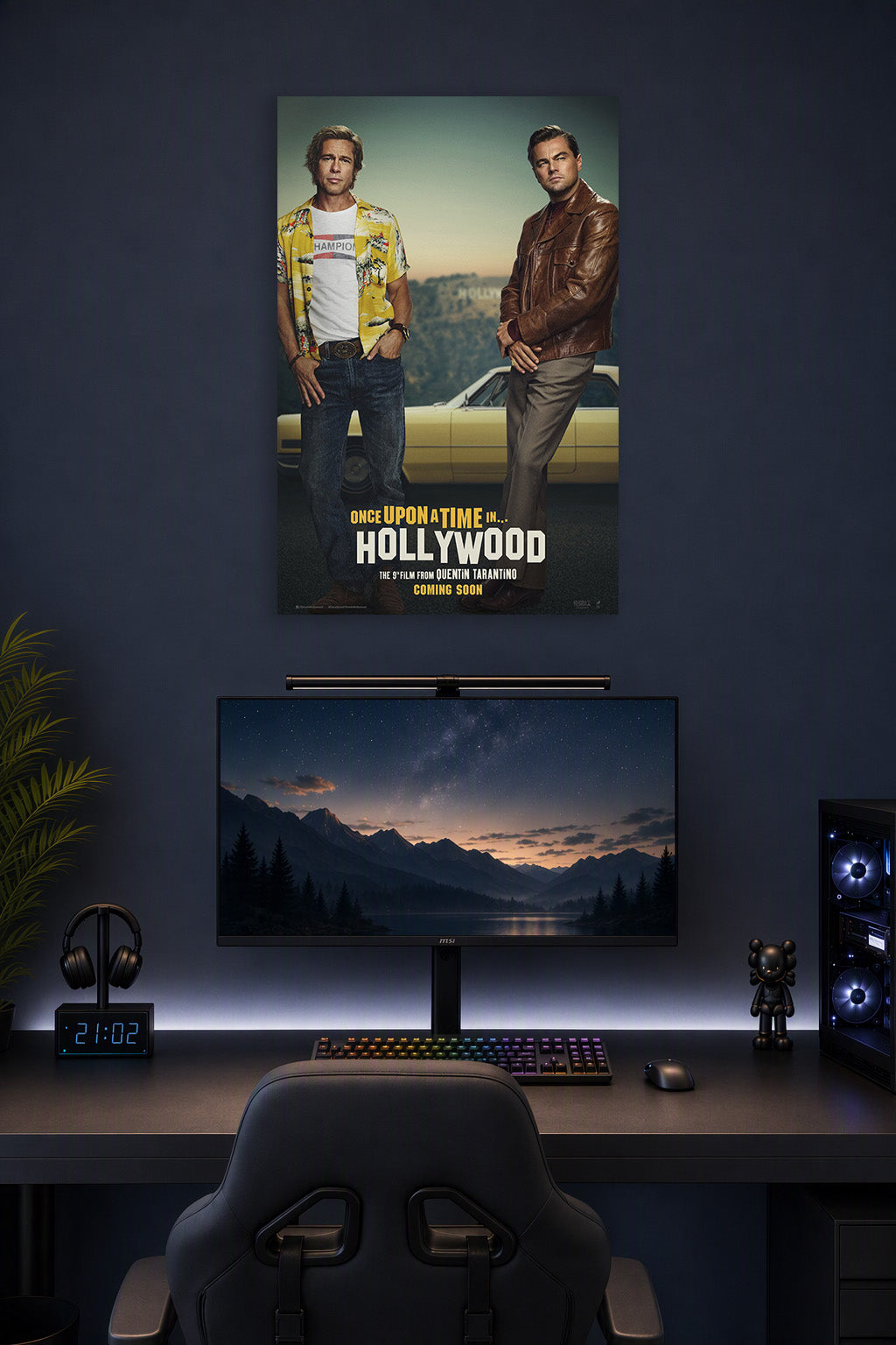 Once Upon a Time in Hollywood in a gaming desk setup above a monitor.