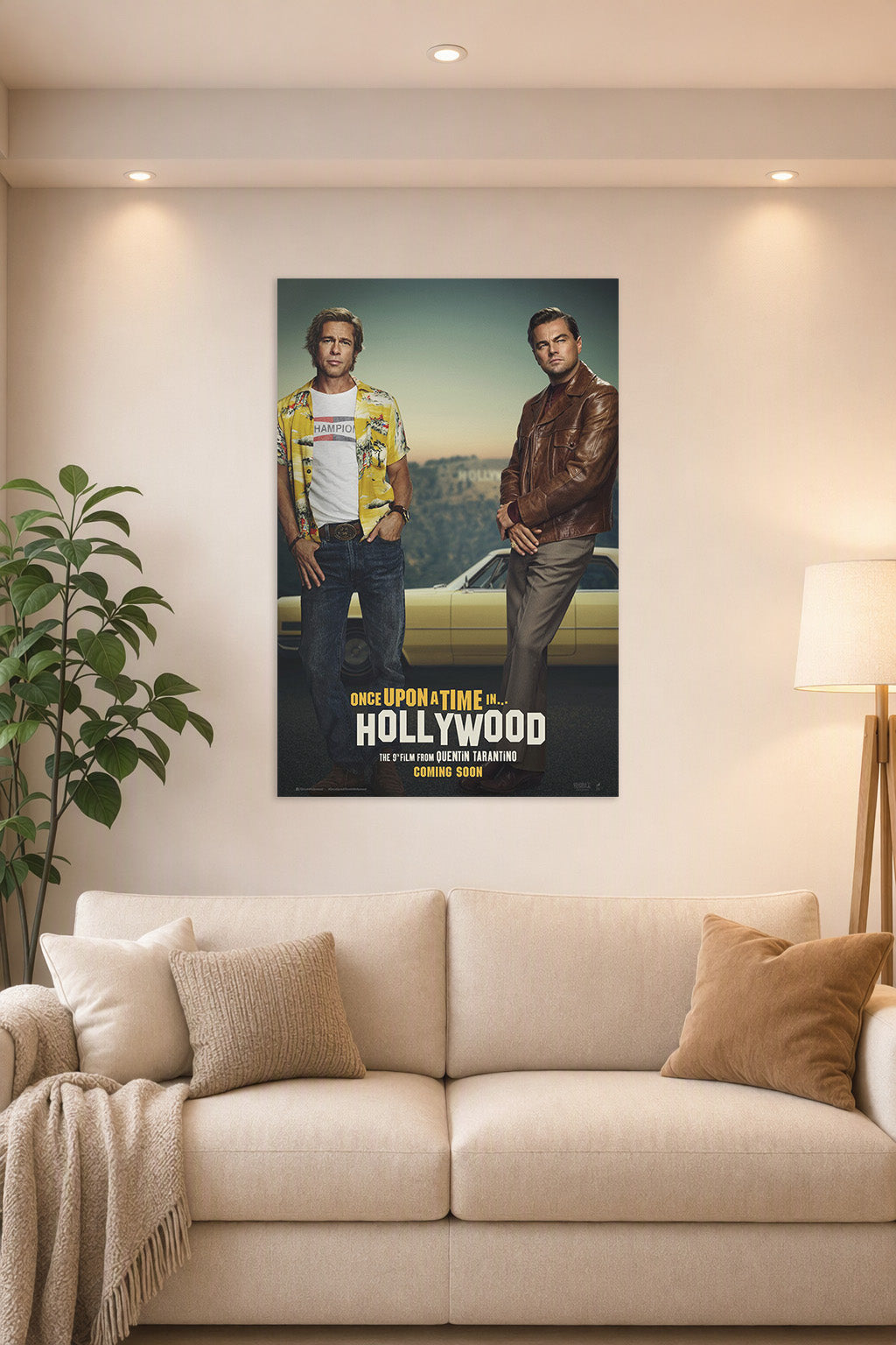 Once Upon a Time in Hollywood in a bright living room above a beige sofa.