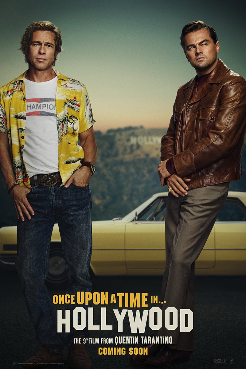 Once Upon a Time in Hollywood poster with Brad Pitt and Leonardo DiCaprio before a yellow car and Hollywood sign.