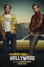 Once Upon a Time in Hollywood poster with Brad Pitt and Leonardo DiCaprio before a yellow car and Hollywood sign.