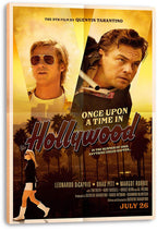 Once Upon a Time in Hollywood canvas wall art print featuring two male portraits, palm trees, title lettering, and a woman walking.
