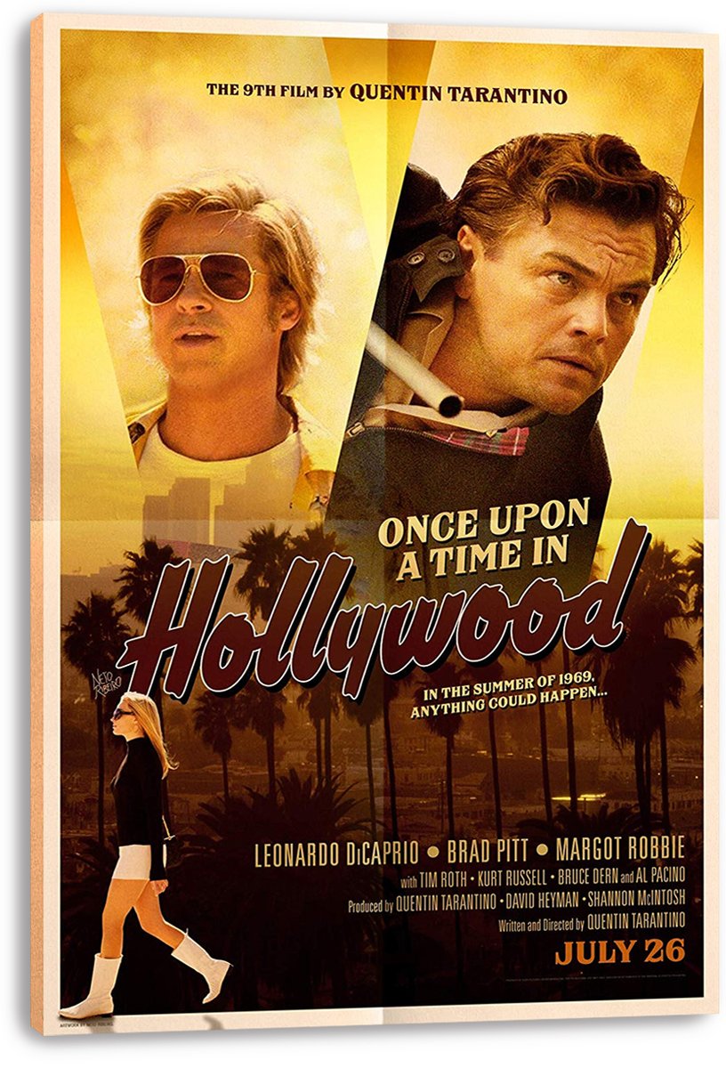 Once Upon a Time in Hollywood canvas wall art print featuring two male portraits, palm trees, title lettering, and a woman walking.