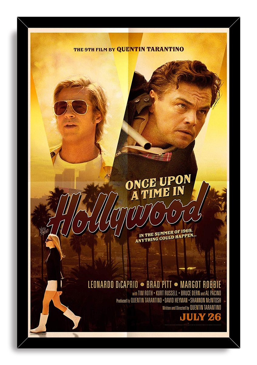 Once Upon a Time in Hollywood framed wall art print with golden portraits, palm-lined skyline, a walking woman, and black frame.