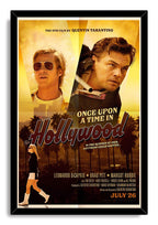 Once Upon a Time in Hollywood framed wall art print with golden portraits, palm-lined skyline, a walking woman, and black frame.