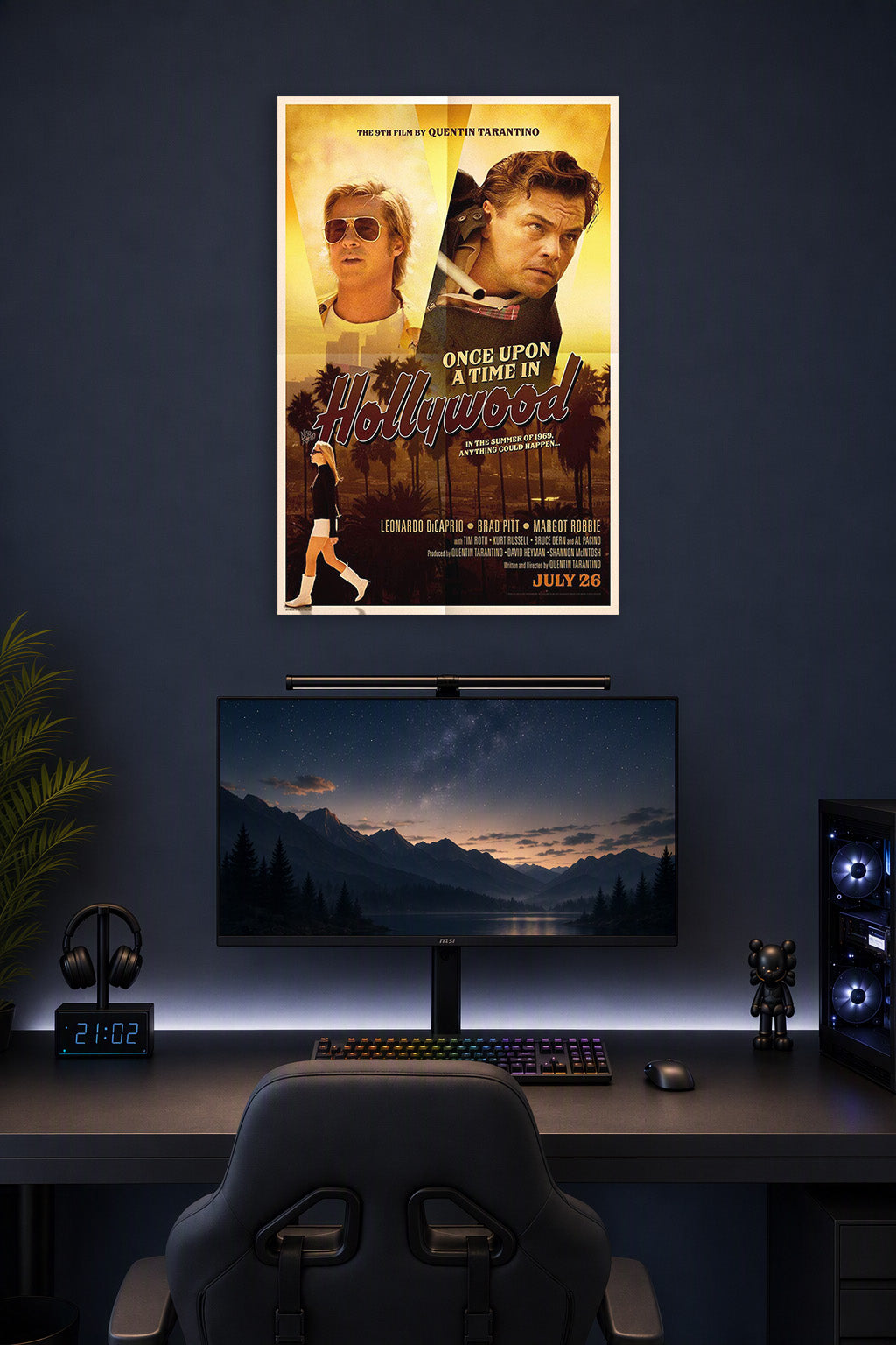 Once Upon a Time in Hollywood Movie in a gaming desk setup above a monitor.